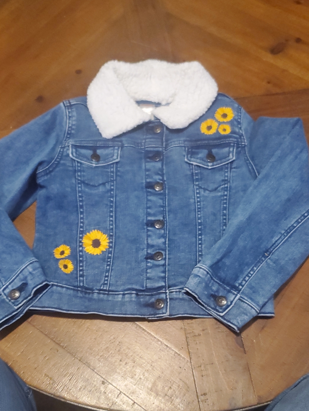Gymboree Denim Jacket with White Sherpa Collar and Yellow Floral Embroidery